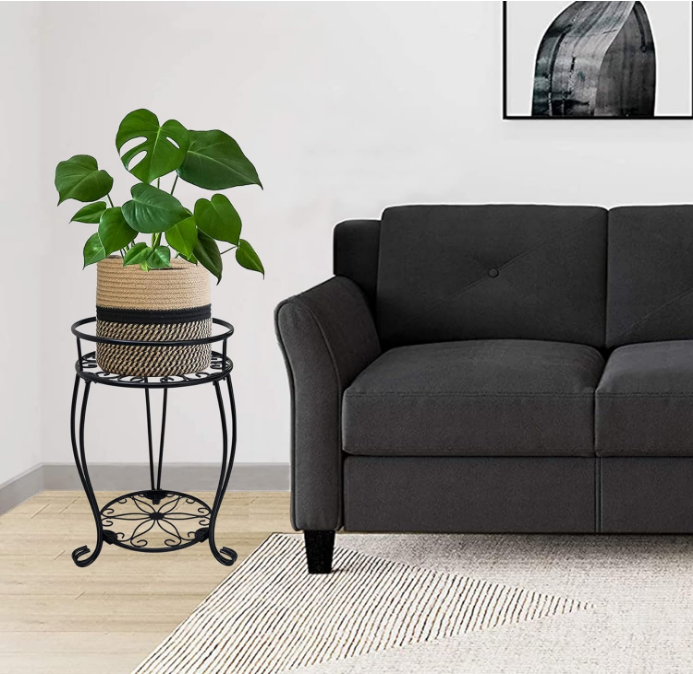 2 Tier Plant Stand, 19.2 inch Tall Metal Potted Holder Rack,Indoor Outdoor Multiple Flower Pot Shelf Rustproof Iron Garden Container for Garden Patio Living Room Corner Balcony, Black