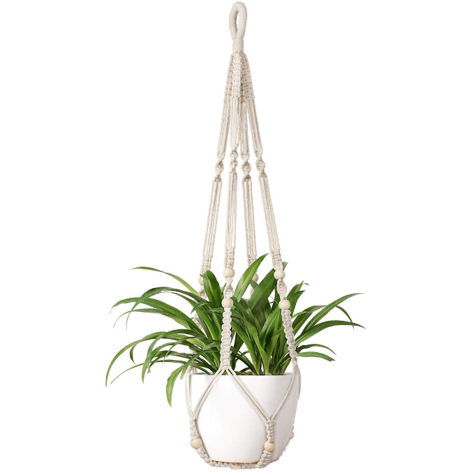 Mkono Macrame Plant Hanger Indoor Hanging Planter Basket with Wood Beads Decorative Flower Pot Holder No Tassels for Indoor Outdoor Boho Home Decor 35 Inch, Ivory (POTS NOT Included)
