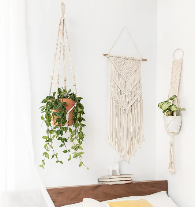 Mkono Macrame Plant Hanger Indoor Hanging Planter Basket with Wood Beads Decorative Flower Pot Holder No Tassels for Indoor Outdoor Boho Home Decor 35 Inch, Ivory (POTS NOT Included)