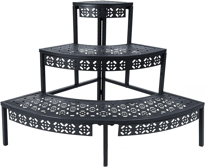 3 Tier Plant Stand Flower Pot Rack, Metal Stair-Step Style Corner Shelf Planters, Quarter Round Display Holder for Indoor Outdoor Use(Black, Semicircle)