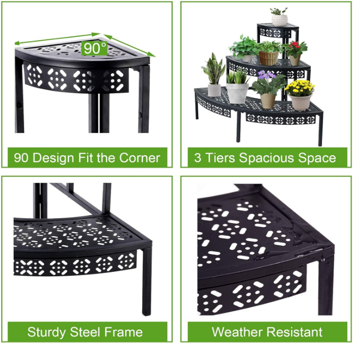 3 Tier Plant Stand Flower Pot Rack, Metal Stair-Step Style Corner Shelf Planters, Quarter Round Display Holder for Indoor Outdoor Use(Black, Semicircle)