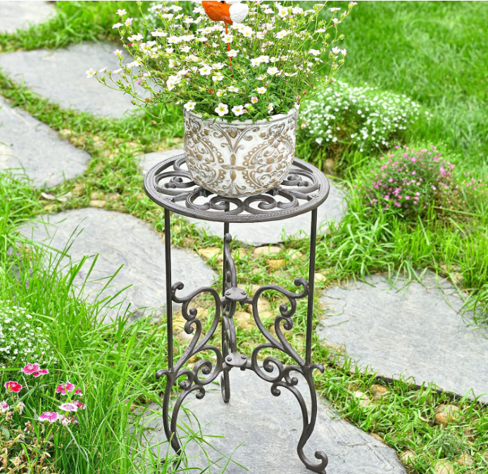 Heavy Duty Cast Iron Potted Plant Stand,19.3-Inch 1 Tier Metal Planter Rack,Decorative Flower Pot Holder,Vintage & Rustic Style Indoor Outdoor Garden Pots Container Supports