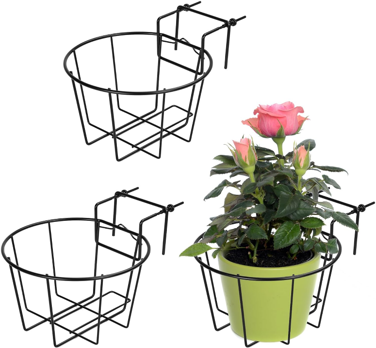 TQVAI 3 Pack Hanging Railing Planter Adjustable Deck Rail Planters, Flower Pot Holder Wire Baskets for Orchid, Patio Ledge, Balcony, Fit for 1.5” to 3.5” Railing, Black