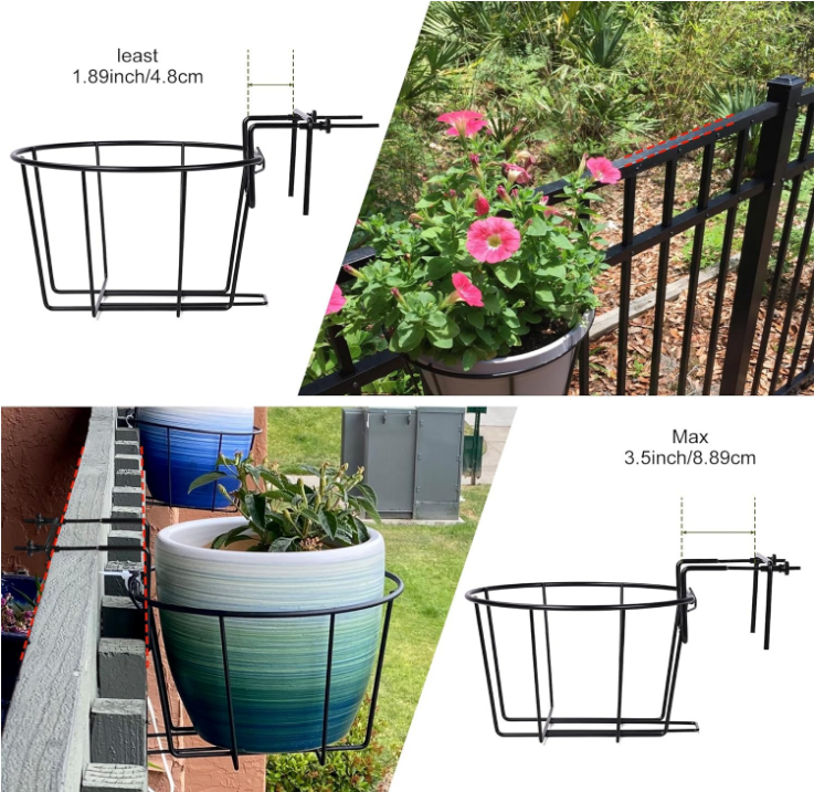 TQVAI 3 Pack Hanging Railing Planter Adjustable Deck Rail Planters, Flower Pot Holder Wire Baskets for Orchid, Patio Ledge, Balcony, Fit for 1.5” to 3.5” Railing, Black