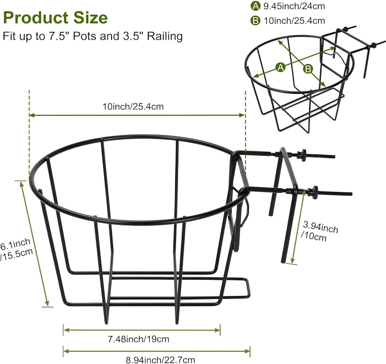 TQVAI 3 Pack Hanging Railing Planter Adjustable Deck Rail Planters, Flower Pot Holder Wire Baskets for Orchid, Patio Ledge, Balcony, Fit for 1.5” to 3.5” Railing, Black