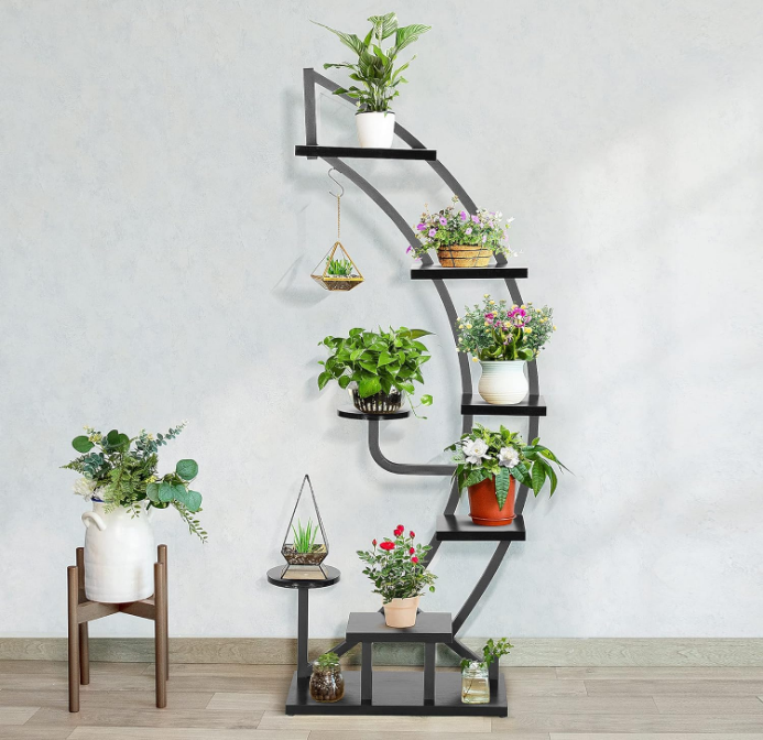 6 Tier 9 Potted Steel-Wood Plant Stand with Hanger, Curved Flower Pot Holder Shelf for Indoor, Black