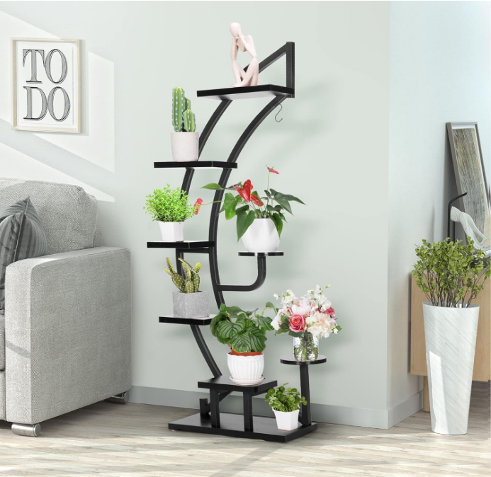 6 Tier 9 Potted Steel-Wood Plant Stand with Hanger, Curved Flower Pot Holder Shelf for Indoor, Black