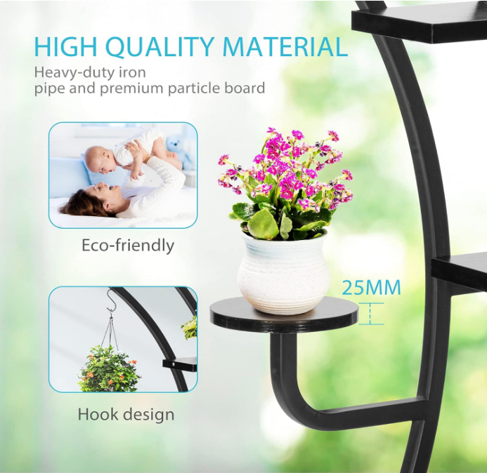 6 Tier 9 Potted Steel-Wood Plant Stand with Hanger, Curved Flower Pot Holder Shelf for Indoor, Black