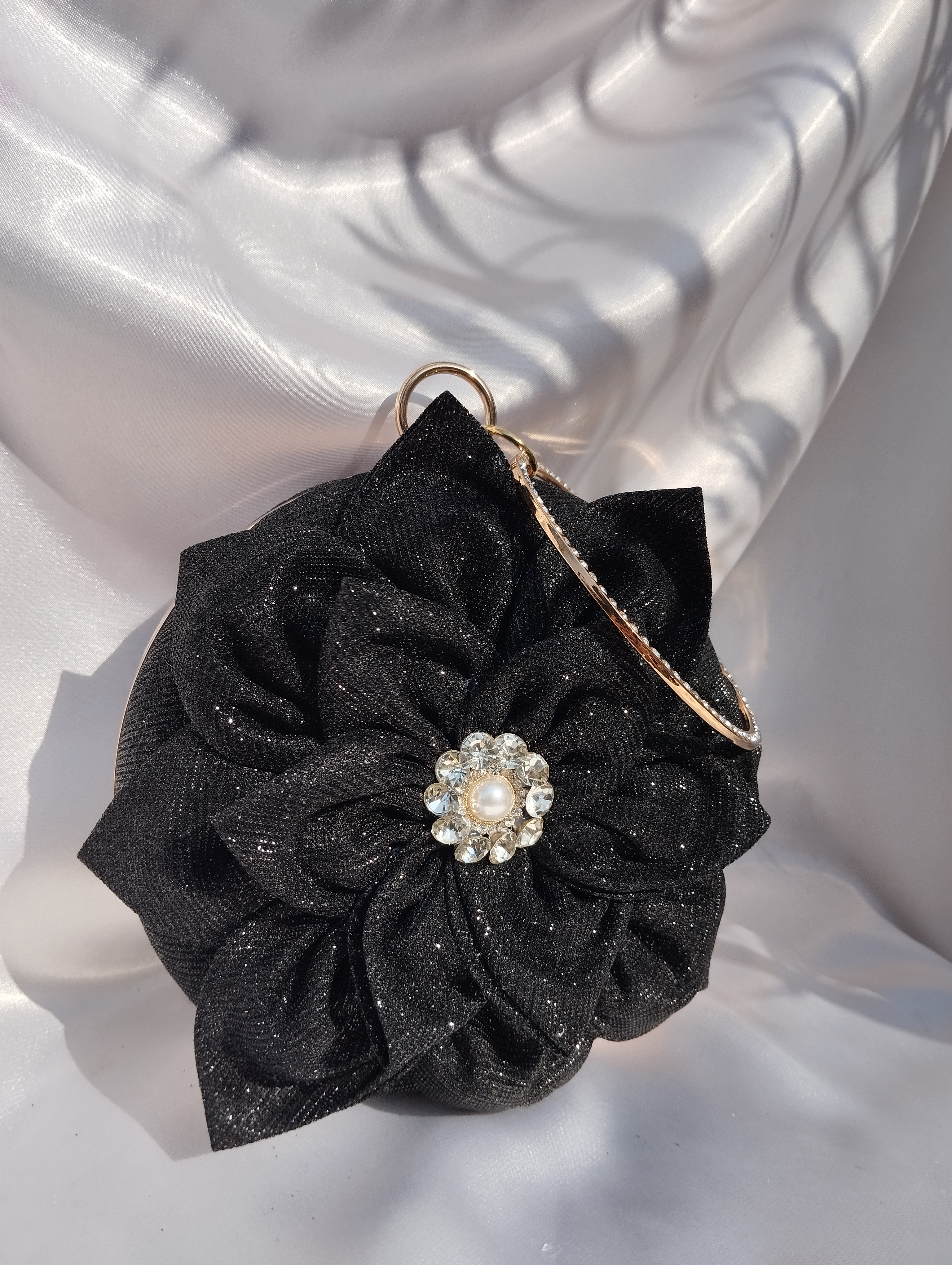 Black Sparkle Flora Party Clutch