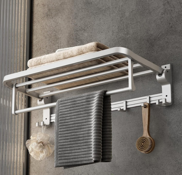24 Inch Towel Rack with Towel Bar Holder Foldable Towel Shelf with Movable Hooks Rustproof Towel Storage Wall Mount for Bathroom Lavatory Silver