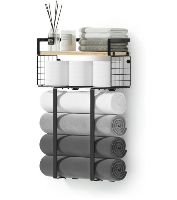 Towel Racks for Bathroom, Metal Towel Holder with Storage Basket,Wall Towel Rack for Rolled Towels, Towel Storage for Small Bathroom,Bathroom Shelves.