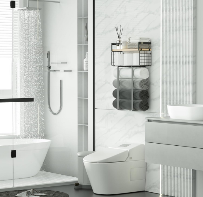 Towel Racks for Bathroom, Metal Towel Holder with Storage Basket,Wall Towel Rack for Rolled Towels, Towel Storage for Small Bathroom,Bathroom Shelves.