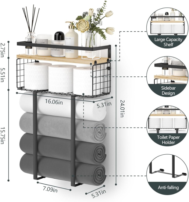 Towel Racks for Bathroom, Metal Towel Holder with Storage Basket,Wall Towel Rack for Rolled Towels, Towel Storage for Small Bathroom,Bathroom Shelves.