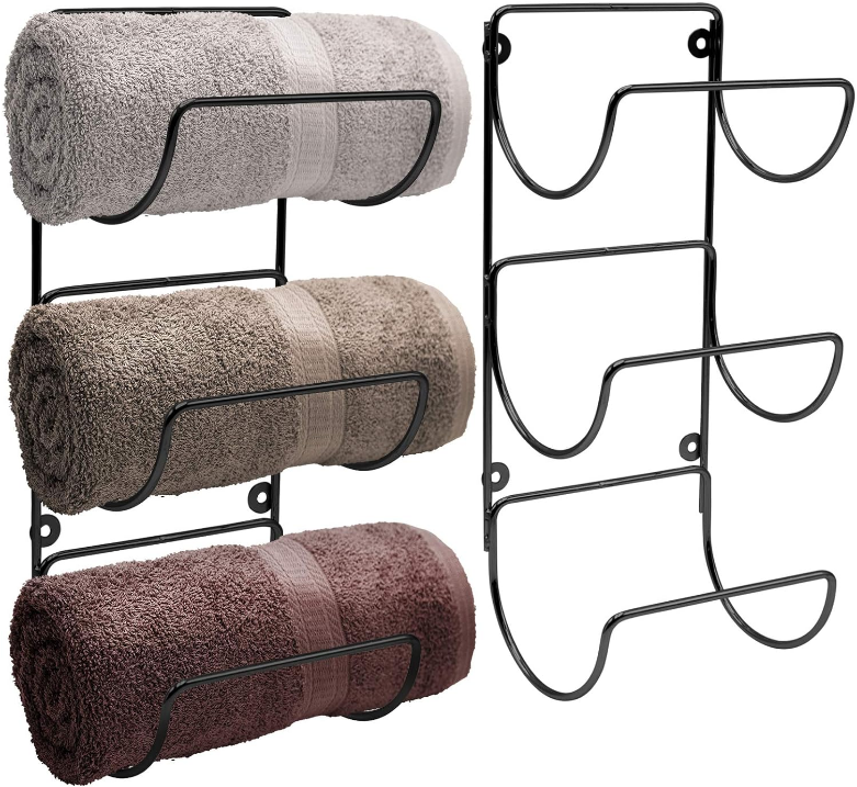 Towel Holder for Bathroom Wall - 6 Level Wall Mounted Towel Rack Shelves for Rolled Bath Towels, Washcloths, Linens - Black Hanging Towel Racks for Bathroom, Spa, Salon, Towel Storage Organizer