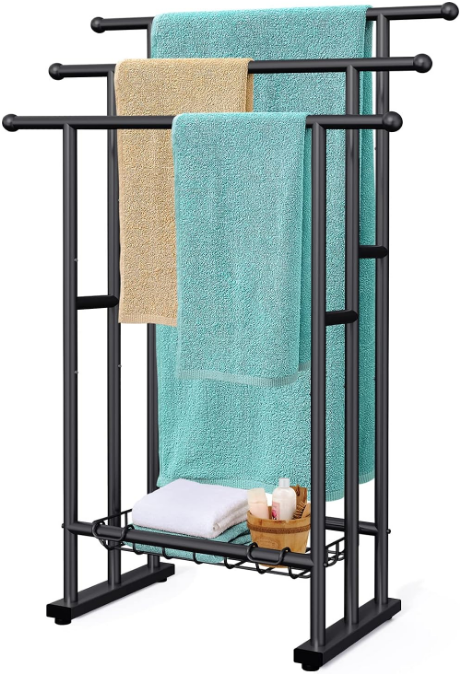 40" H Free Standing Towel Rack, 3 Tier Alloy Steel Stand with Basket, Blanket Drying and Display Rack for Oversized Bath Towels Bathroom Accessories, Next to Tub or Shower (Black)