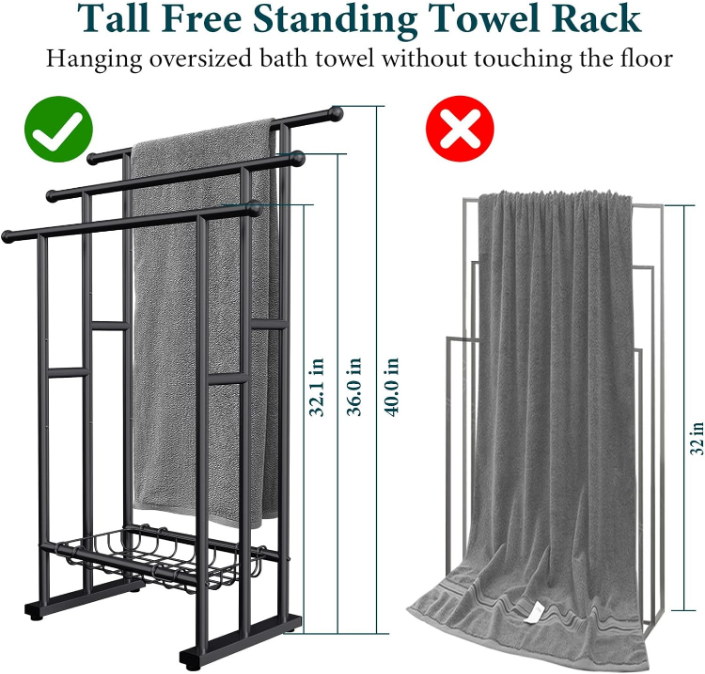 40" H Free Standing Towel Rack, 3 Tier Alloy Steel Stand with Basket, Blanket Drying and Display Rack for Oversized Bath Towels Bathroom Accessories, Next to Tub or Shower (Black)