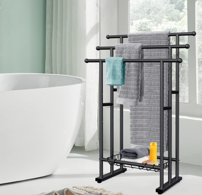 40" H Free Standing Towel Rack, 3 Tier Alloy Steel Stand with Basket, Blanket Drying and Display Rack for Oversized Bath Towels Bathroom Accessories, Next to Tub or Shower (Black)