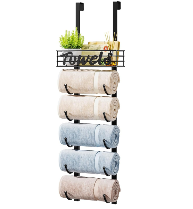 6-Tier Over The Door Towel Racks for Bathroom - Wall Mounted Towel Holder with Metal Shelf - Rolled Towel Organizer Door Hanging Towel Storage - Black