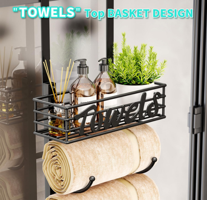 6-Tier Over The Door Towel Racks for Bathroom - Wall Mounted Towel Holder with Metal Shelf - Rolled Towel Organizer Door Hanging Towel Storage - Black