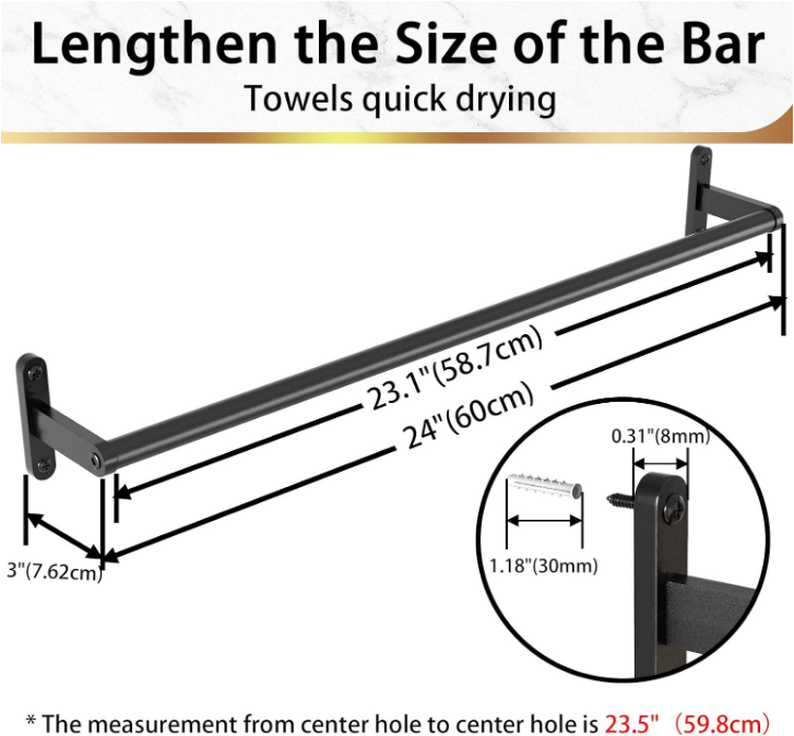 24 Inch Matte Black Towel Bar for Bathroom, Towel Racks for Bathroom Wall Stainless Steel, Heavy Duty Bathroom Towel Holder Wall Single Towel Bar Rod