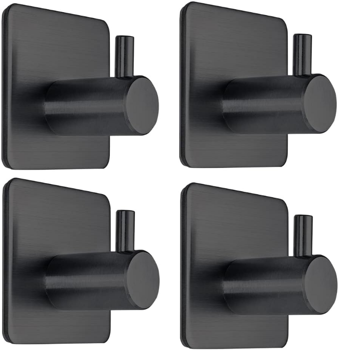 Black Adhesive Towel Hooks Heavy Duty Stick on Wall Hooks Shower Hooks for Bathroom Kitchen Door-4 Packs