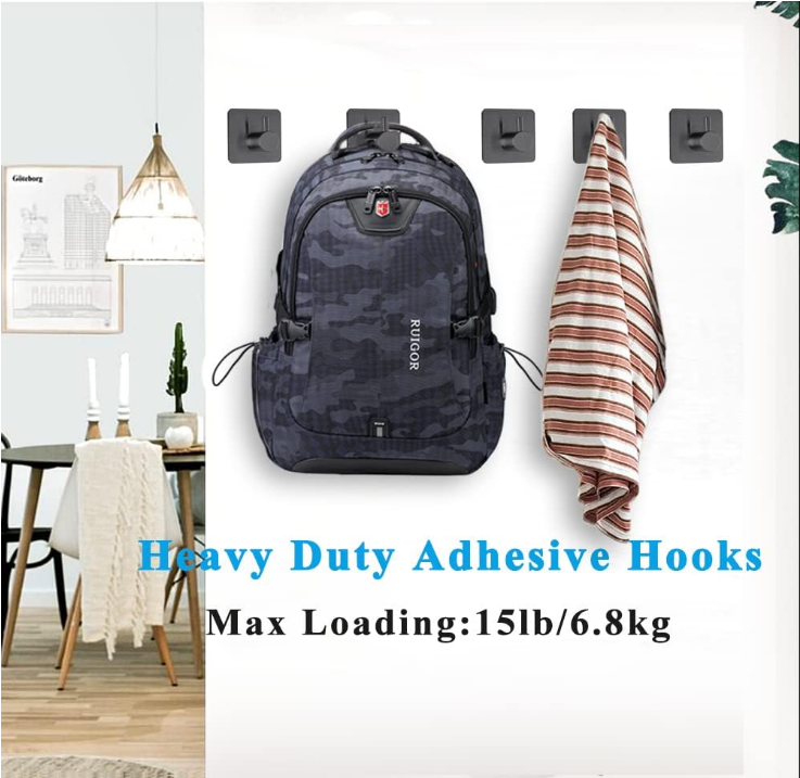 Black Adhesive Towel Hooks Heavy Duty Stick on Wall Hooks Shower Hooks for Bathroom Kitchen Door-4 Packs