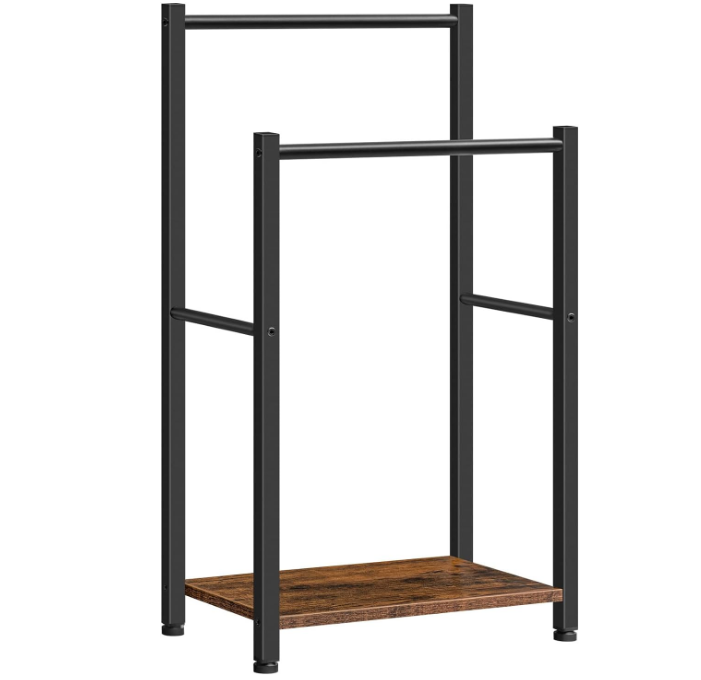 Free Standing Towel Rack for Bathroom, 2 Tier Blanket Rack, 16.5" L x 9.4" W x 31.5" H, Blanket Holder, Drying and Display Rack with Shelf, Rustic Brown and Black BF02LB01