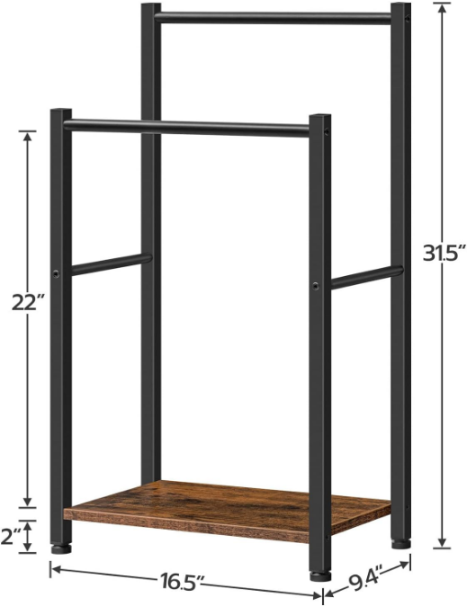 Free Standing Towel Rack for Bathroom, 2 Tier Blanket Rack, 16.5" L x 9.4" W x 31.5" H, Blanket Holder, Drying and Display Rack with Shelf, Rustic Brown and Black BF02LB01