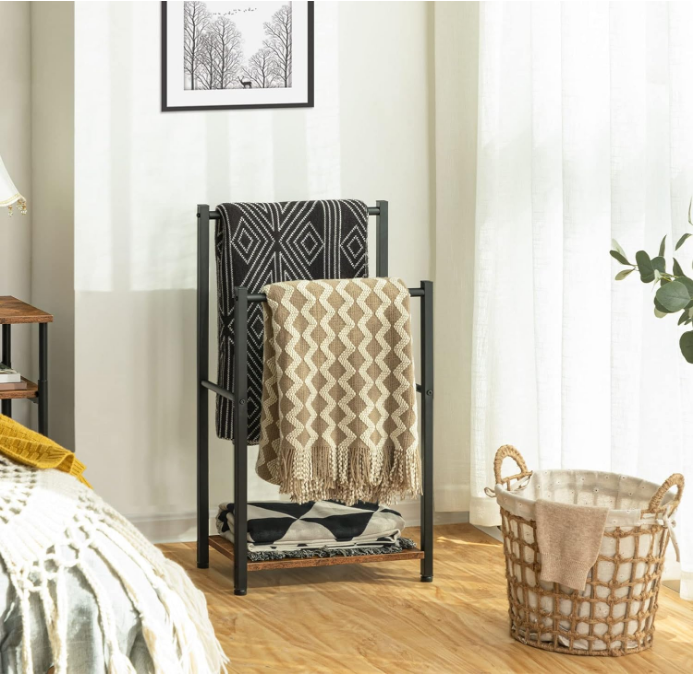 Free Standing Towel Rack for Bathroom, 2 Tier Blanket Rack, 16.5" L x 9.4" W x 31.5" H, Blanket Holder, Drying and Display Rack with Shelf, Rustic Brown and Black BF02LB01