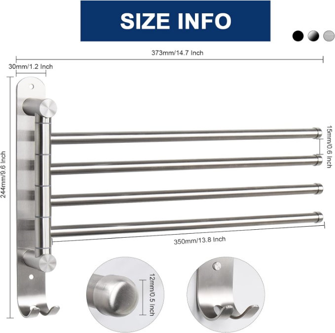 Swivel Towel Rack, Thicken SUS304 Stainless Steel 4-Arm Towel Bar, Space Saving Wall Mounted Towel Holder with Hook, Rustproof Swing Out Towel Hanger for Bathroom, Kitchen (Brushed Nickel)