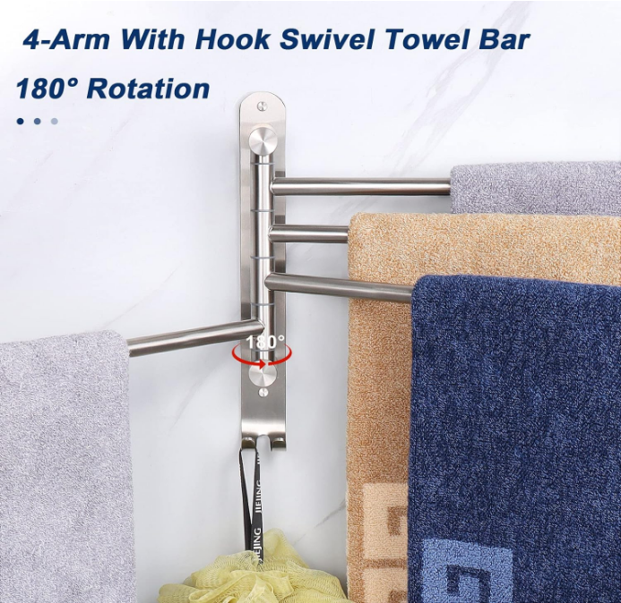 Swivel Towel Rack, Thicken SUS304 Stainless Steel 4-Arm Towel Bar, Space Saving Wall Mounted Towel Holder with Hook, Rustproof Swing Out Towel Hanger for Bathroom, Kitchen (Brushed Nickel)