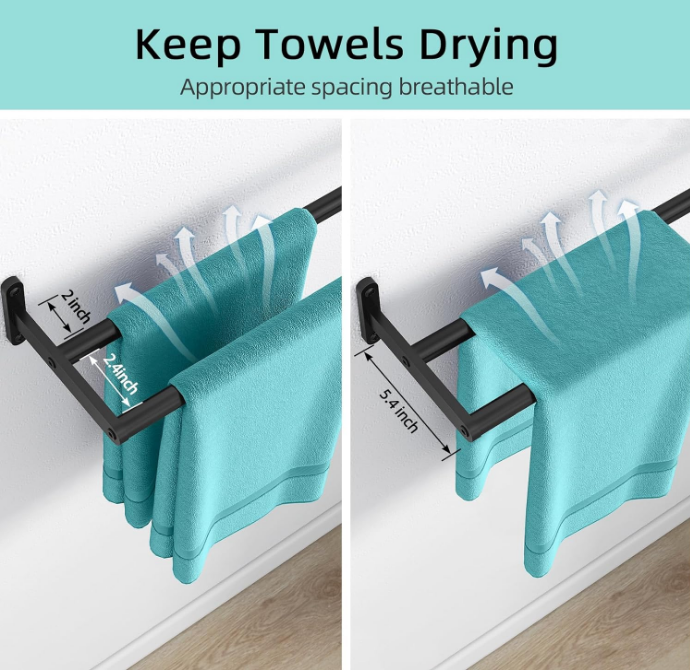 Double Towel Bar, 24 Inch Bath Towel Rack for Bathroom Towel Rod, Stainless Steel Double Towel Holder Long Bar, Bathroom Hand Towel Hanger Wall Mounted, Matte Black