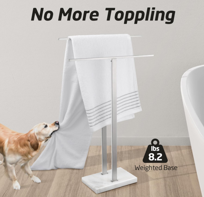 Standing Towel Rack 2-Tier Towel Rack Stand with Marble Base for Bathroom Floor, Upgrade Steady Design, Pro-Grade 18/8 Stainless Steel Brushed Finish