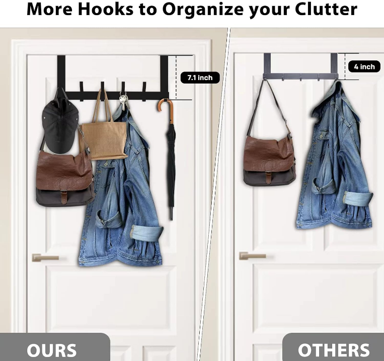 Over The Door Hooks, Door Hanger Hooks, Over The Door Towel Racks for Bathroom with 12 Coat Hooks for Hanging Clothes Coats Towels, Fits 1-3/4" Thick Door