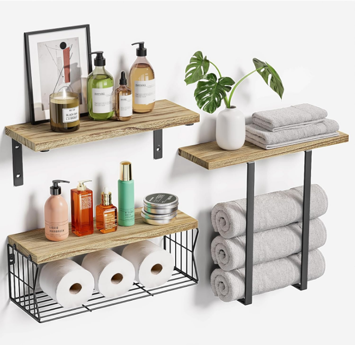 Floating Shelves Wall Mounted Over Toilet: Bathroom Shelf with Towel Rack Paper Holder Storage - Rustic Wood Farmhouse Shelves for Wall Decor/Bathroom