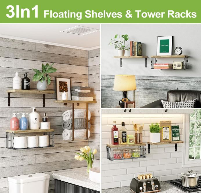 Floating Shelves Wall Mounted Over Toilet: Bathroom Shelf with Towel Rack Paper Holder Storage - Rustic Wood Farmhouse Shelves for Wall Decor/Bathroom