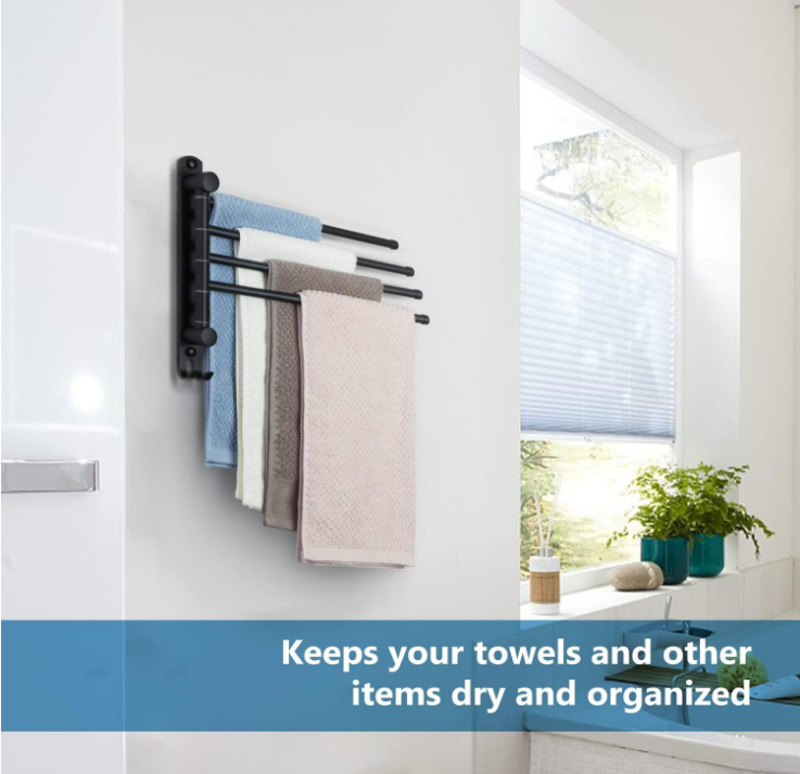 Black Towel Rack JSVER Swivel Towel Rack Wall Mounted, SUS304 Stainless Steel Towel Bar, Space Saving Towel Holder, Towel Racks for Bathroom