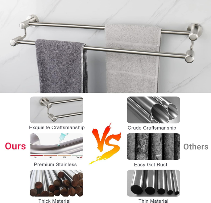 Double Bath Towel Bar - Thicken SUS304 Stainless Steel Towel Rack for Bathroom, Bathroom Accessories Double Towel Rod Heavy Duty Wall Mounted Towel Holder (Brushed,24IN)