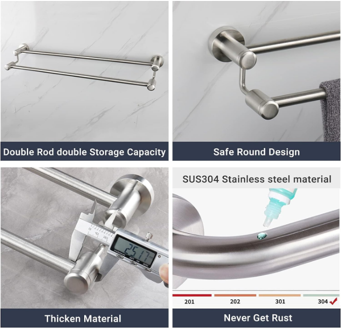 Double Bath Towel Bar - Thicken SUS304 Stainless Steel Towel Rack for Bathroom, Bathroom Accessories Double Towel Rod Heavy Duty Wall Mounted Towel Holder (Brushed,24IN)