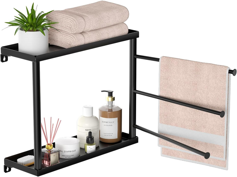 Swivel Towel Rack,Bathroom Towel Racks with 3 Swing arm Towel bar,Bathroom Towel Rack with Shelf,Space Saving Wall Towel Rack,Swivel Towel bar for Bathroom, Kitchen,Black