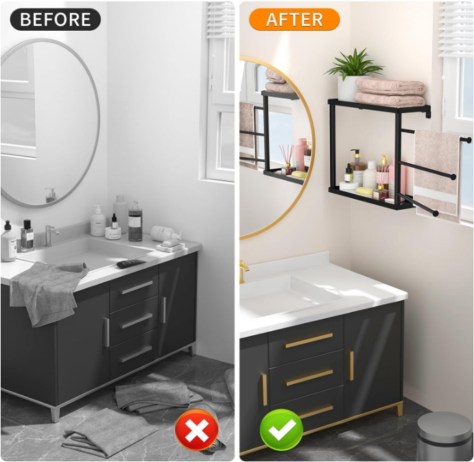 Swivel Towel Rack,Bathroom Towel Racks with 3 Swing arm Towel bar,Bathroom Towel Rack with Shelf,Space Saving Wall Towel Rack,Swivel Towel bar for Bathroom, Kitchen,Black