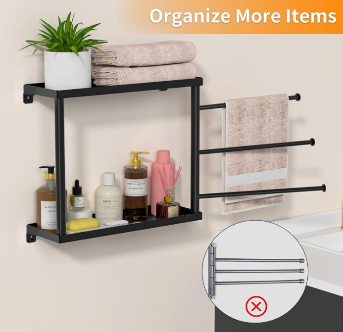 Swivel Towel Rack,Bathroom Towel Racks with 3 Swing arm Towel bar,Bathroom Towel Rack with Shelf,Space Saving Wall Towel Rack,Swivel Towel bar for Bathroom, Kitchen,Black