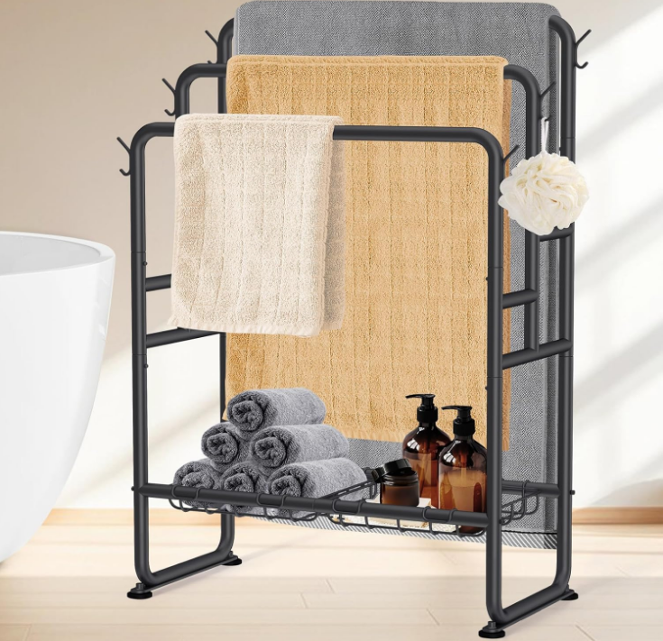 Kayfia 40" Standing Towel Rack, 3 Tier Towel Rack Stand with 2 Storage Baskets & 6 Hooks, Metal Blanket Rack, Towel Holder Stand with Counterweight Base for Bathroom Floor, Next to Tub Shower (Black)