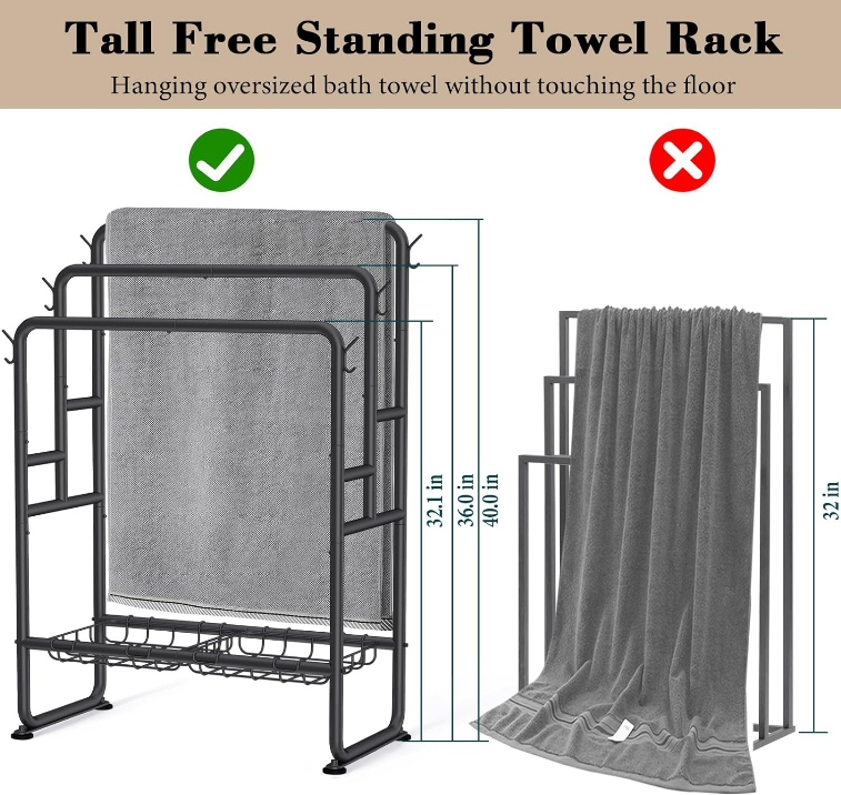 Kayfia 40" Standing Towel Rack, 3 Tier Towel Rack Stand with 2 Storage Baskets & 6 Hooks, Metal Blanket Rack, Towel Holder Stand with Counterweight Base for Bathroom Floor, Next to Tub Shower (Black)