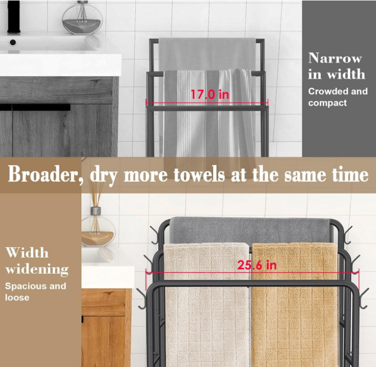 Kayfia 40" Standing Towel Rack, 3 Tier Towel Rack Stand with 2 Storage Baskets & 6 Hooks, Metal Blanket Rack, Towel Holder Stand with Counterweight Base for Bathroom Floor, Next to Tub Shower (Black)