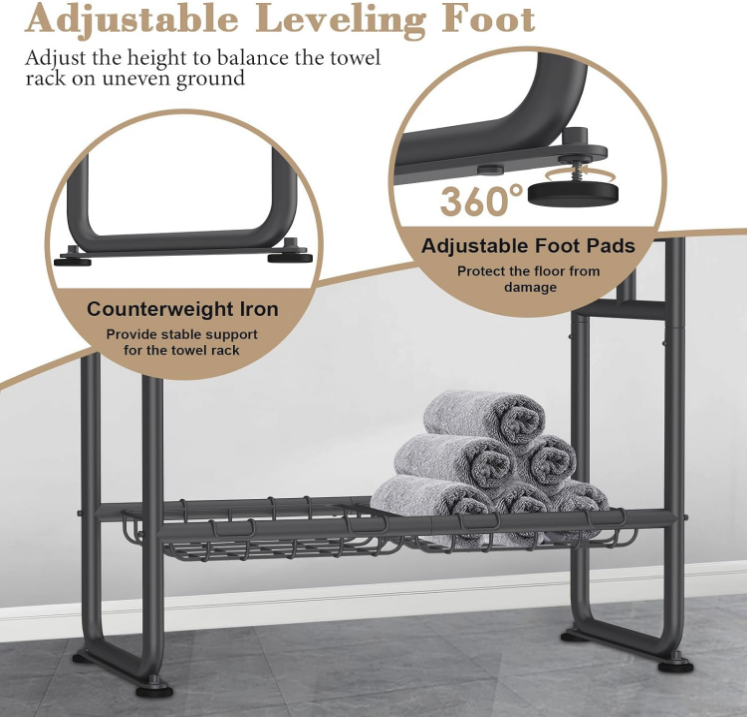 Kayfia 40" Standing Towel Rack, 3 Tier Towel Rack Stand with 2 Storage Baskets & 6 Hooks, Metal Blanket Rack, Towel Holder Stand with Counterweight Base for Bathroom Floor, Next to Tub Shower (Black)