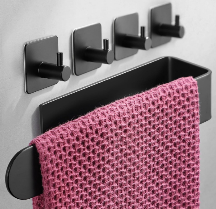 Hand Towel Holder - Towel Racks for Bathroom with 4 Packs Black Adhesive Hooks, Adhesive Towel Bar Set Stick on Wall, Stainless Steel (Black)
