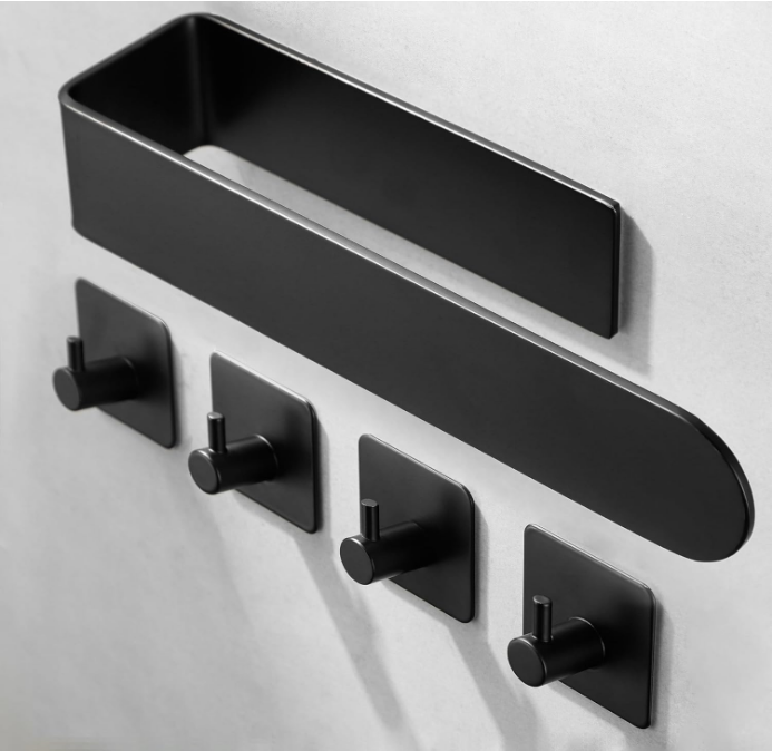 Hand Towel Holder - Towel Racks for Bathroom with 4 Packs Black Adhesive Hooks, Adhesive Towel Bar Set Stick on Wall, Stainless Steel (Black)