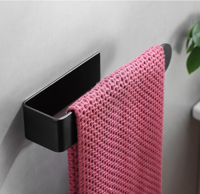 Hand Towel Holder - Towel Racks for Bathroom with 4 Packs Black Adhesive Hooks, Adhesive Towel Bar Set Stick on Wall, Stainless Steel (Black)