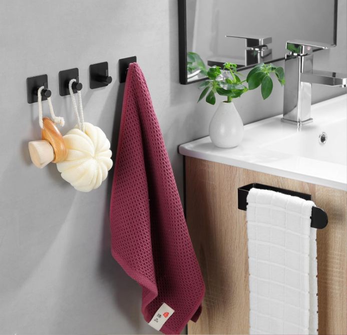 Hand Towel Holder - Towel Racks for Bathroom with 4 Packs Black Adhesive Hooks, Adhesive Towel Bar Set Stick on Wall, Stainless Steel (Black)